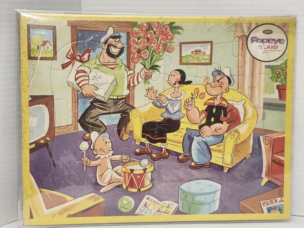 Vintage Jaymar Popeye Bluto and Olive Oyl Cardboard Inlaid Tray Puzzle